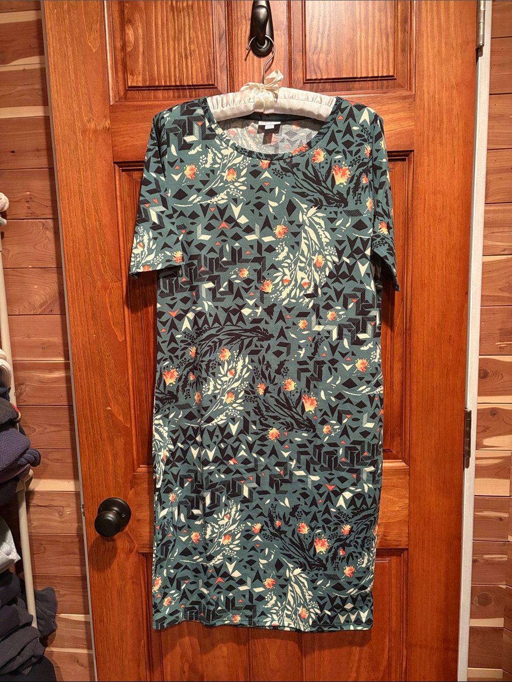 LuLaRoe Teal Dress with Coral Floral & Geometric Print